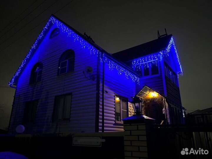 Украшение домов гирляндами, контурная подсветка