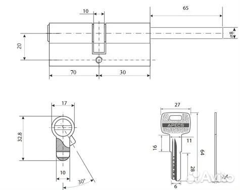 Замок дверной личинка, apecs 70*30мм, 65*25мм