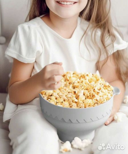 Силиконовая попкорница серая с крышкой, новая