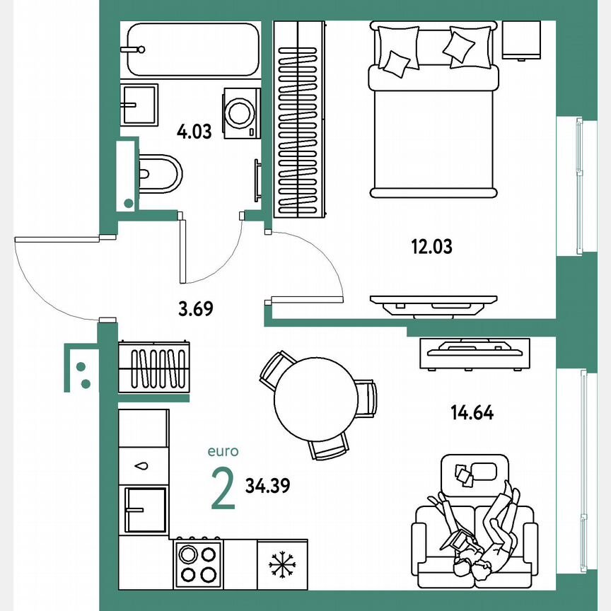 1-к. квартира, 34,4 м², 16/23 эт.