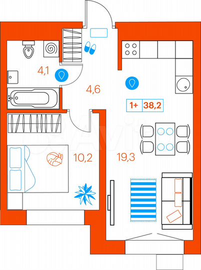 1-к. квартира, 38,2 м², 6/21 эт.