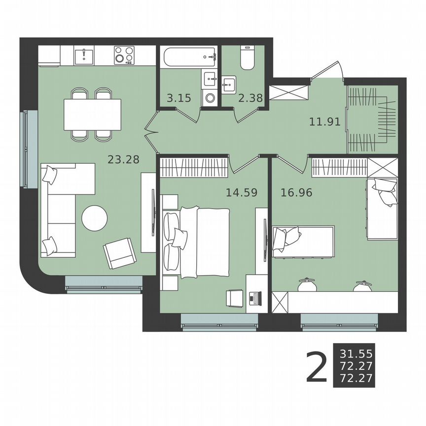 2-к. квартира, 72,3 м², 1/6 эт.
