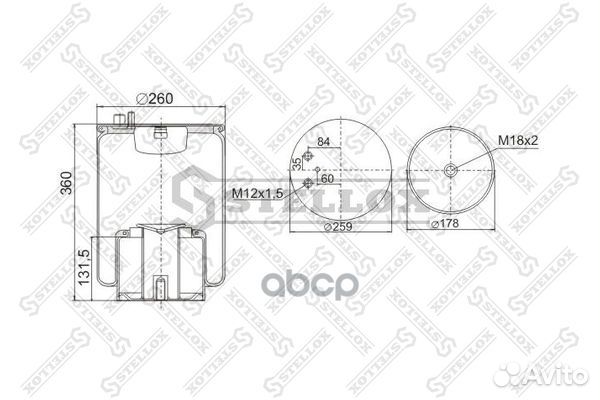 Пневмоподушка со стаканом 2 штуцер M16 смещ. 84- 1