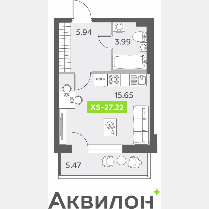 Квартира-студия, 27,2 м², 2/12 эт.