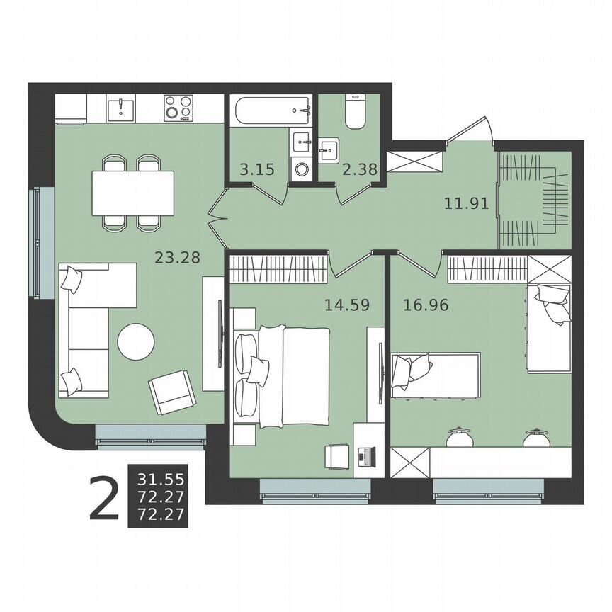 2-к. квартира, 72,3 м², 1/6 эт.
