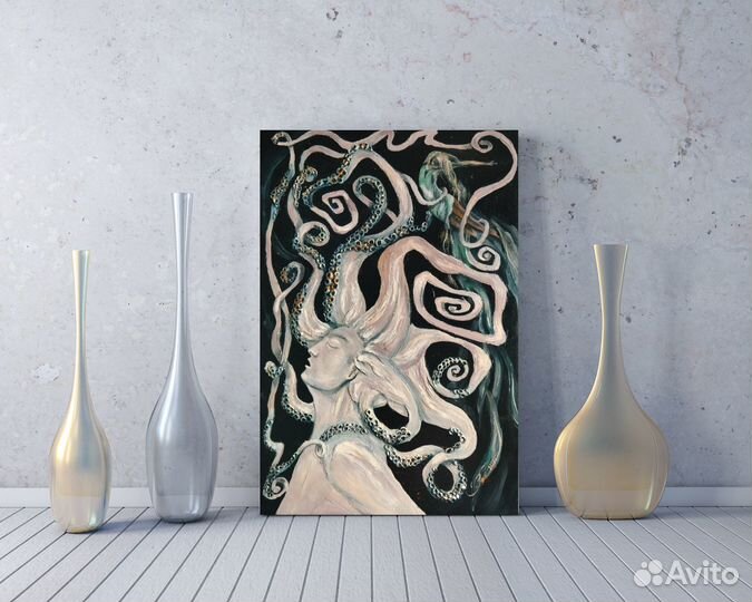 Осьминог текстурная картина маслом 40х60 см