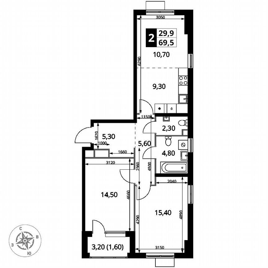 2-к. квартира, 69,5 м², 2/7 эт.