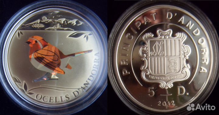 Андорра 5 динер 2012 г. Птица - Зарянка. Серебро