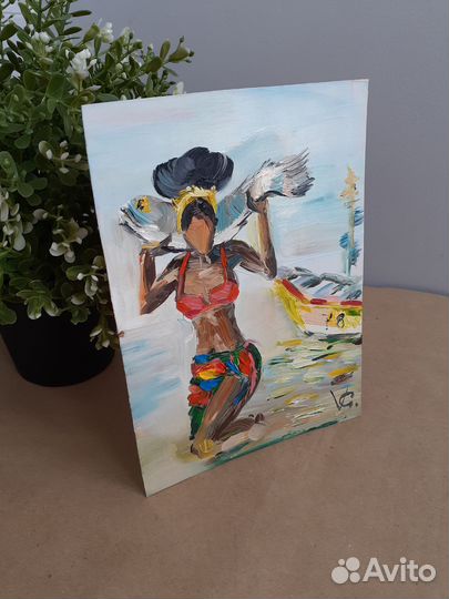 Картина маслом девушка с рыбой и парусником 13х18