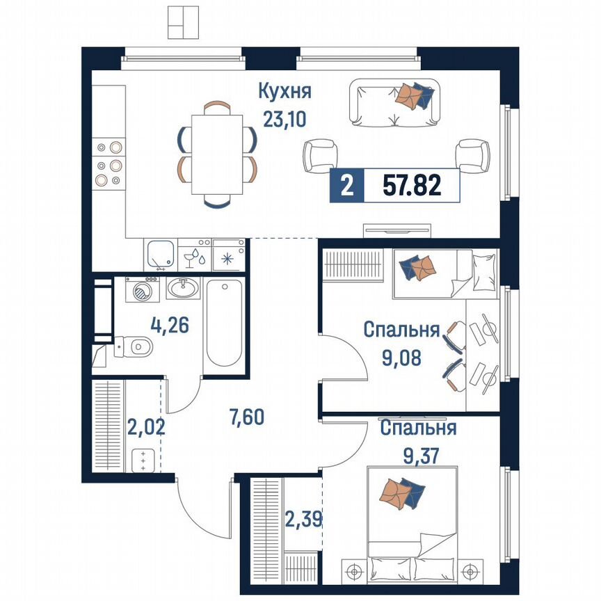 2-к. квартира, 57,8 м², 17/18 эт.