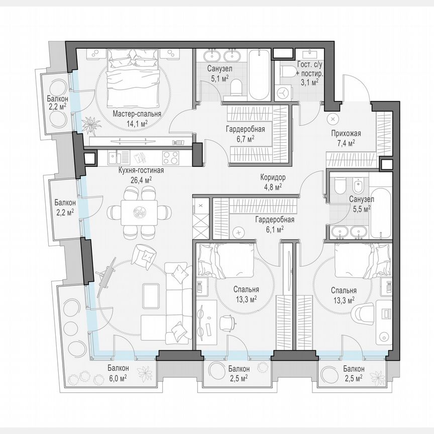 3-к. квартира, 110,9 м², 2/11 эт.
