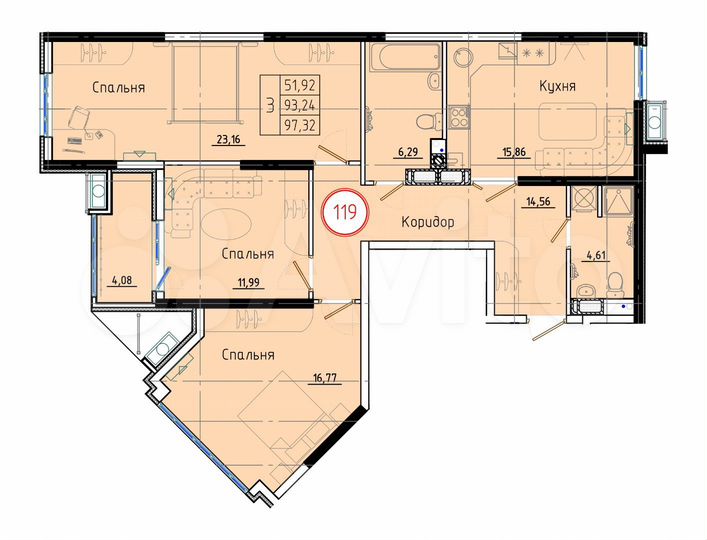 3-к. квартира, 97,3 м², 8/8 эт.