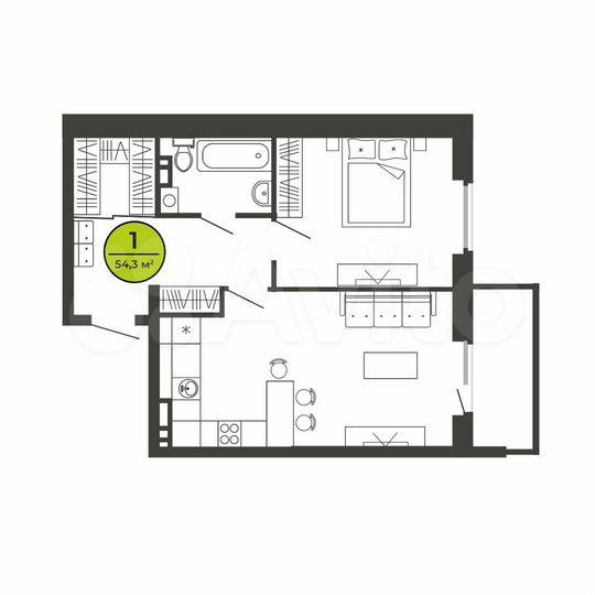 1-к. квартира, 54,3 м², 4/9 эт.