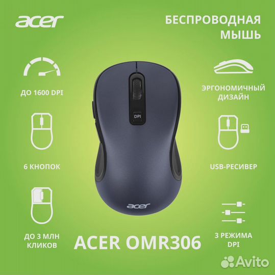 Мышь Acer OMR306 черный/серый оптическая 1600dpi беспров. USB 6but (ZL.mcecc.021)