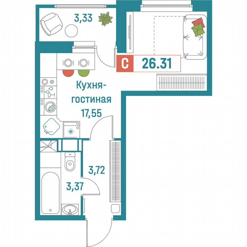 Квартира-студия, 26,3 м², 11/18 эт.