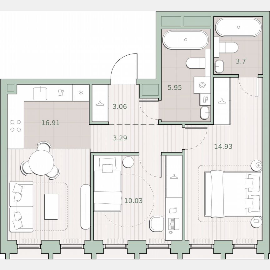 2-к. квартира, 57,9 м², 3/44 эт.