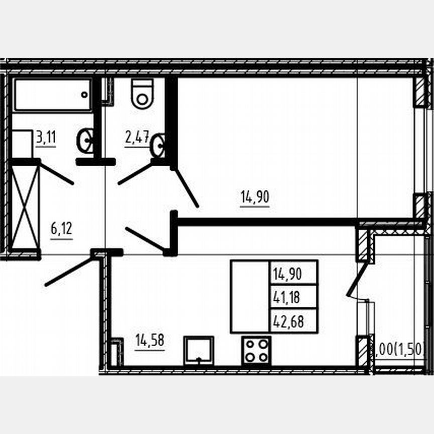 1-к. квартира, 41,2 м², 1/4 эт.