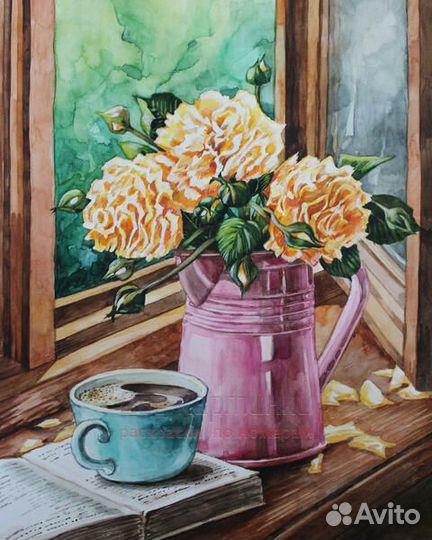 Картина по номерам 40x50 Букет дачных роз и кофе