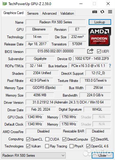 Видеокарта Gigabyte RX580 4Gb