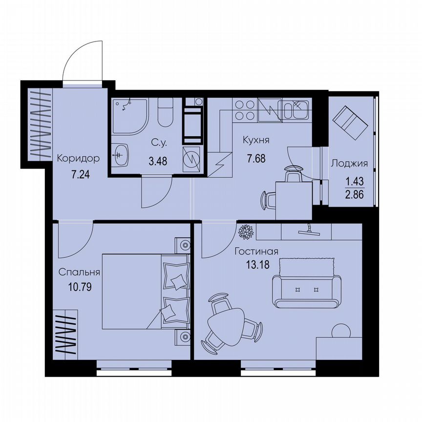 2-к. квартира, 43,8 м², 6/9 эт.