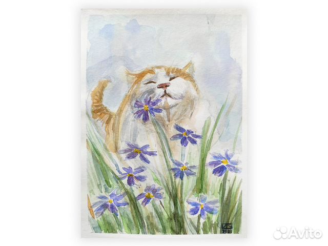 Картина акварелью. Иллюстрация рыжий кот и цветы
