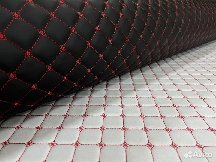 Стеганая экокожа черная красный квадрат