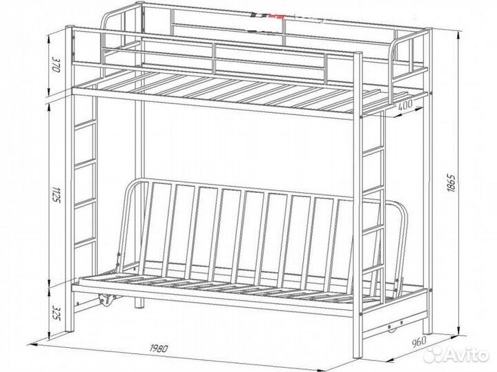 Кровать 2 яруса металлическая с диваном
