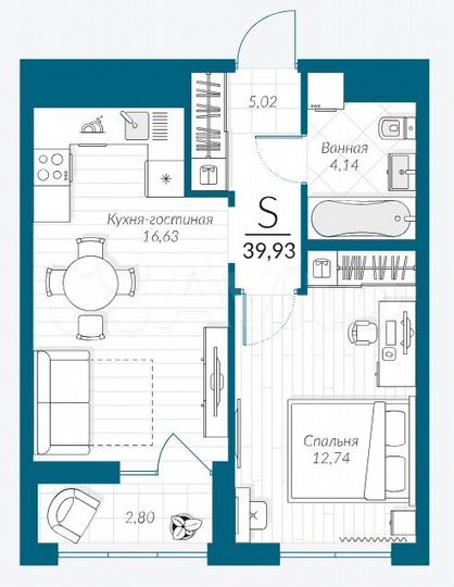 2-к. квартира, 39,9 м², 16/25 эт.