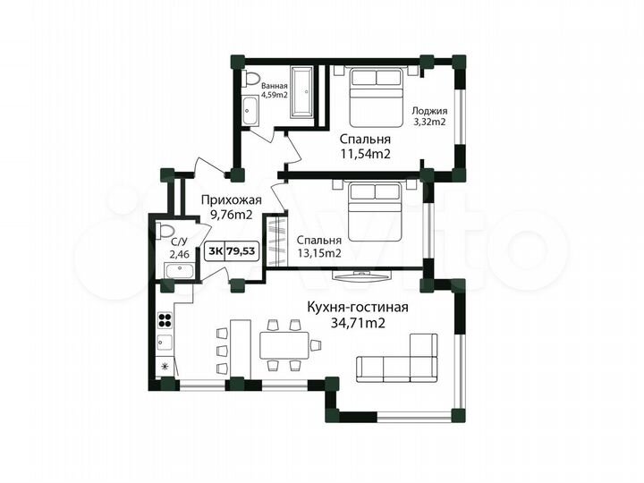 3-к. квартира, 79,5 м², 12/12 эт.