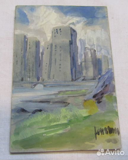Открытка старинная. Город, высотки. Акварель №5301