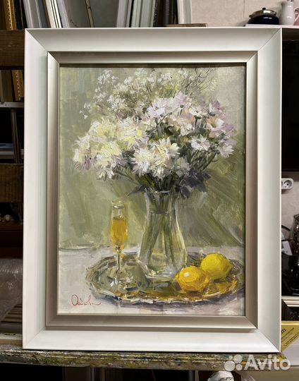 Картина маслом на холсте в раме цветы