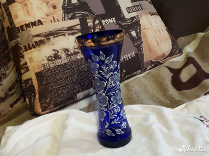 Ваза кобальтовое стекло ручная роспись