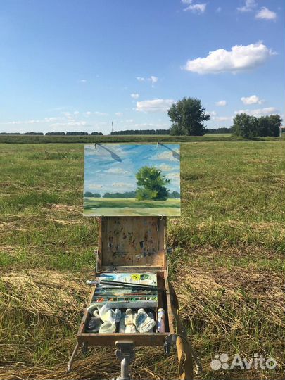 Картина маслом летний пейзаж небо облака дерево