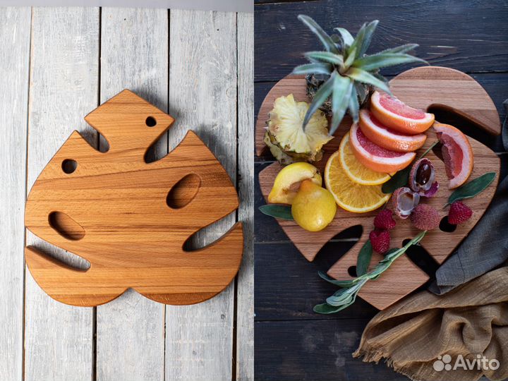 Поднос из дерева Монстера 30 см + мастика