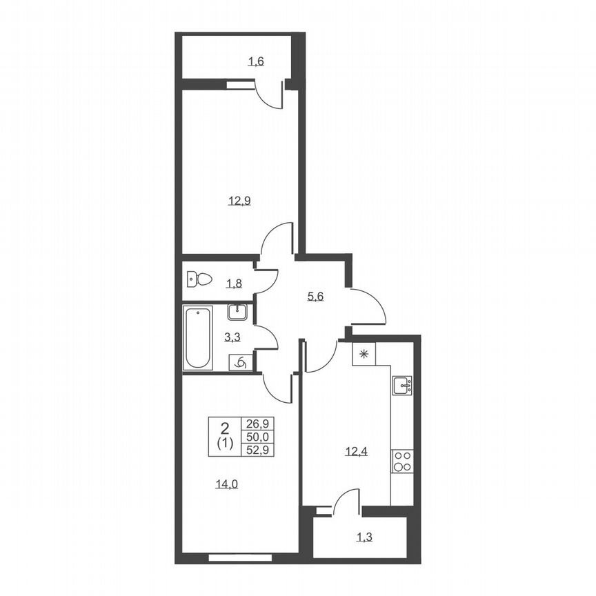 2-к. квартира, 52,9 м², 1/8 эт.