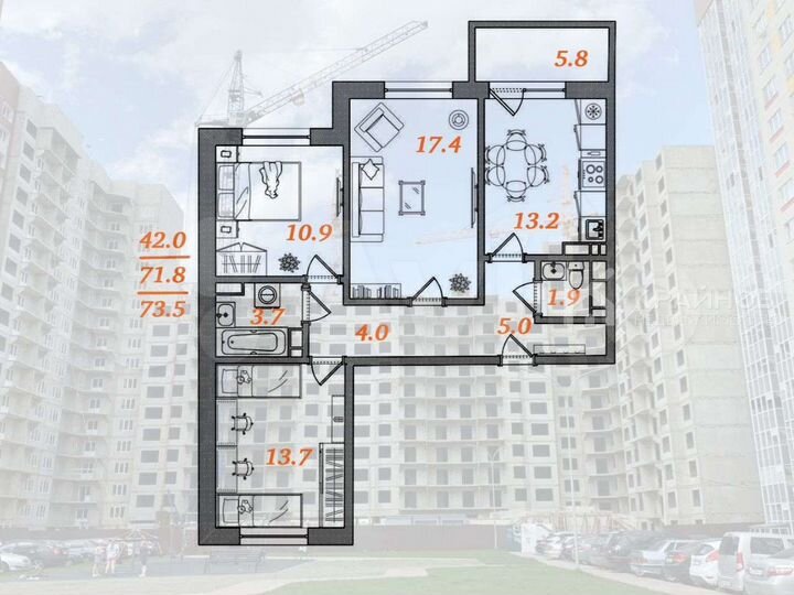 3-к. квартира, 73,5 м², 4/17 эт.