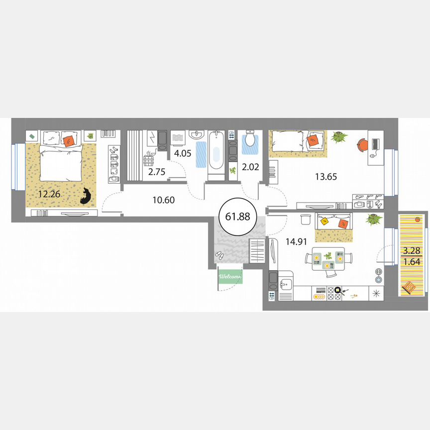 2-к. квартира, 61,9 м², 6/12 эт.