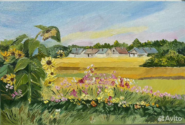 Картина маслом пейзаж с подсолнухами