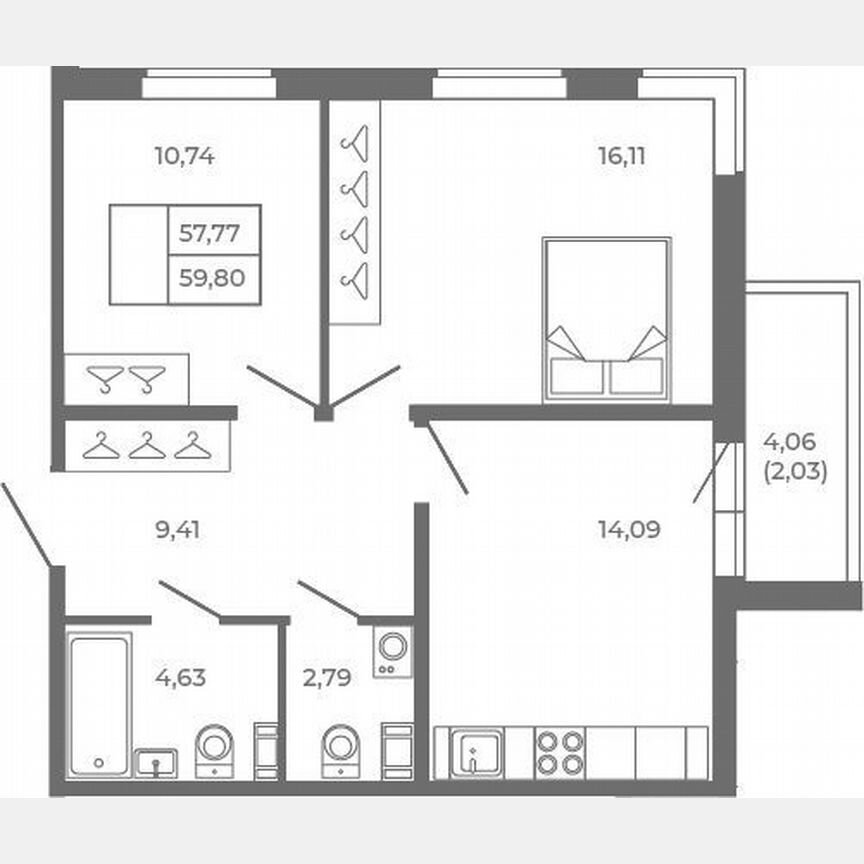 2-к. квартира, 57,8 м², 1/4 эт.