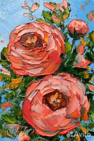 Картина маслом букет пионов цветочный пейзаж