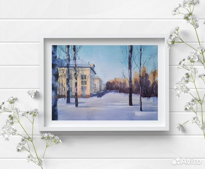 Акварельная картина 30*40 Зимний вечер