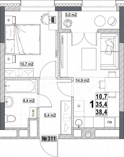 1-к. квартира, 38,4 м², 23/25 эт.
