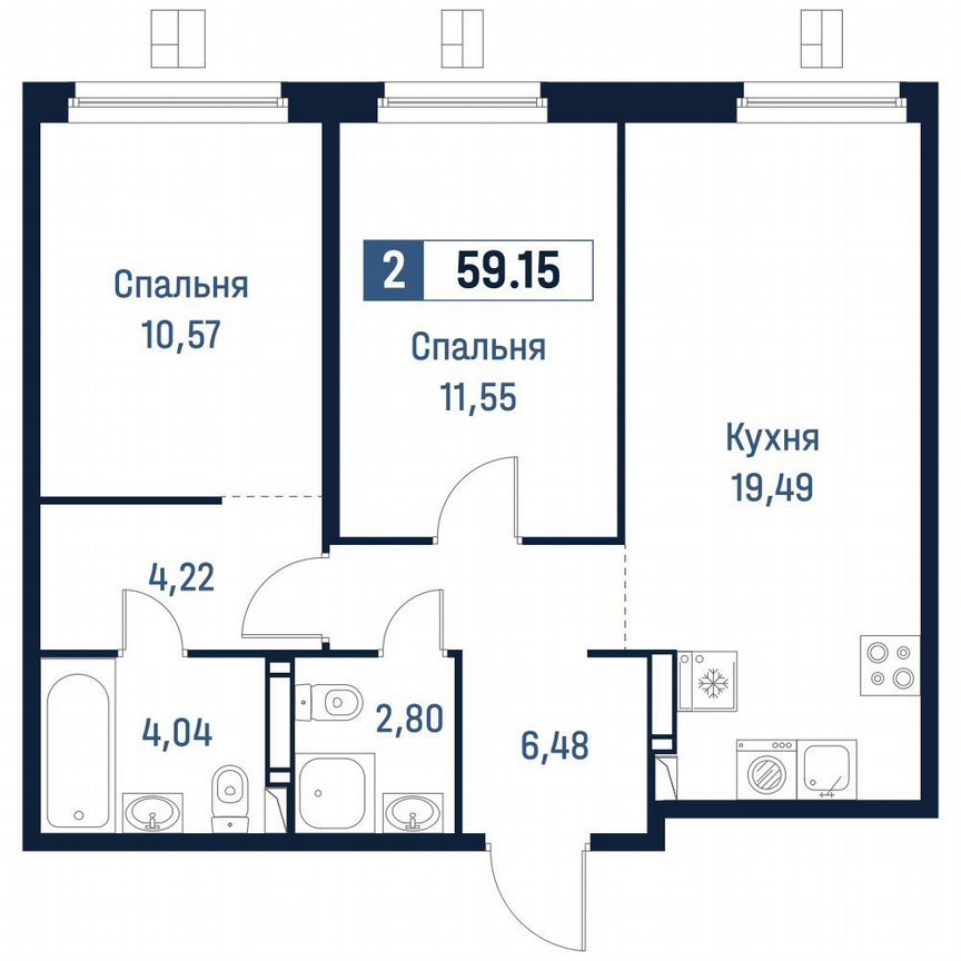 2-к. квартира, 59,2 м², 4/18 эт.