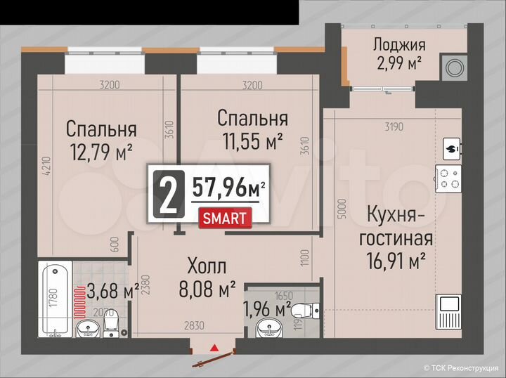 2-к. квартира, 58 м², 8/10 эт.