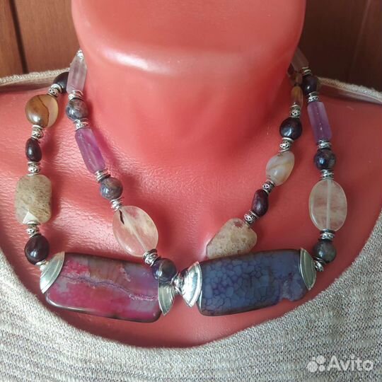 Бусы Агат Гранат Халцедон Флюорит Колье