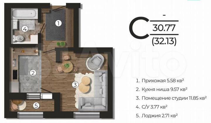 Квартира-студия, 32,1 м², 2/17 эт.
