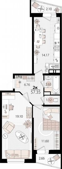 2-к. квартира, 57,4 м², 12/12 эт.