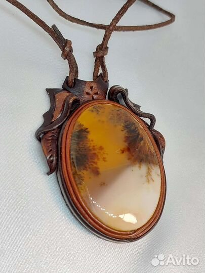 Пейзажный агат в коже кулон подвеска