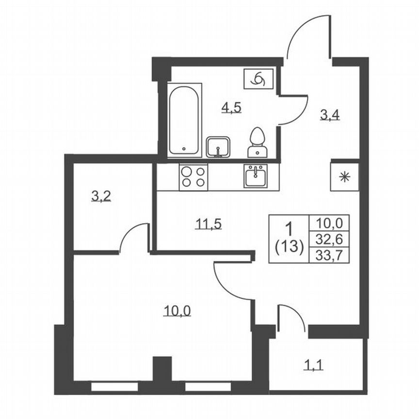 1-к. квартира, 33,7 м², 1/8 эт.