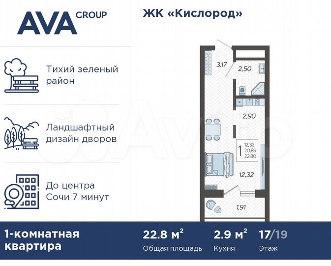 Квартира-студия, 22,8 м², 17/19 эт.
